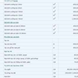 BẢNG GIÁ LAN CAN KÍNH CƯỜNG LỰC